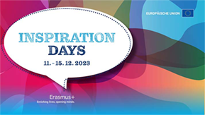 Sprechblase auf buntem Hintergrund, Text: Inspiration Days, 11.-15.12.2023
