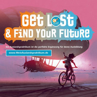 Postkarte mit Zeppelin und Fahrradfahrerin Comic Stil; Schriftzug "Get Lost & Find Your Future", Ein Auslandspraktikum ist die perfekte Ergänzung für deine Ausbildung; www.MeinAuslandspraktikum.de