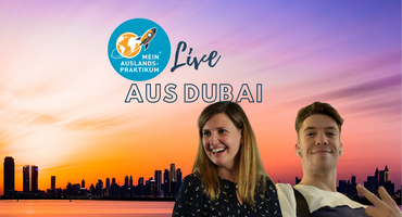 Bildmontage: Nathalie und Felix vor Dubai Kulisse