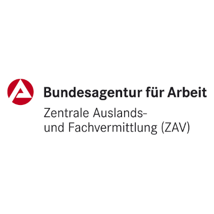 Das Logo zeigt den Schriftzug "Bundesagentur f&uuml;r Arbeit. Zentrale Auslands- und Fachvermittlung (ZAV)". Neben dem Schriftzug ist links ein wei&szlig;es A auf einem roten Kreis.