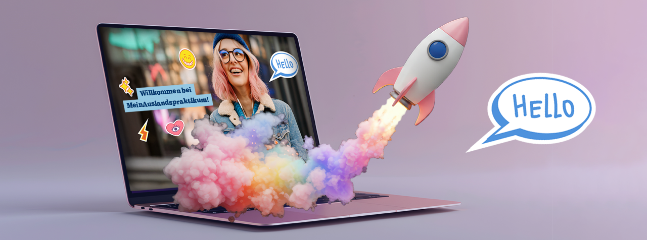 Auf dem Bild ist ein Laptop mit der neuen Startseite der Webseite zusehen. Eine Rakete steigt seitlich auf.