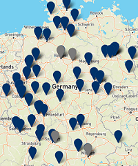 Der Screenshot zeigt die Beratungslandkarte des Portals. Die Beratungslandkarte ist eine Deutschlandkarte mit Pinnadeln. Mit dem Klick auf eine Pinnadel öffnen sich die Kontaktdaten eines Beraters oder einer Beraterin.