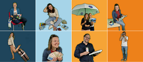 Die Collage zeigt das MeinAuslandspraktikum-Team auf 8 Einzelbildern. Das Team umfasst 6 Personen, die mit unterschiedlichen Reiseaccessoires fotografiert wurden.
