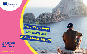 Graphik: DiscoverEU mit Schriftzug "Entdecke Europa mit einem von 35.000 Travel-Pässen.