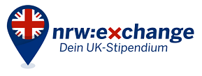 Logo: nrw:exchange neben einem Landkarten-Pin in den Farben der UK-Flagge.