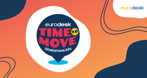 Kampagnenbild eurodesk: dunkelblaue Sprechblase mit roter Schrift "Time to Move"