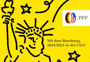 Graphik: Die Freiheitsstatue auf gelben Grund mit Logo des PPP