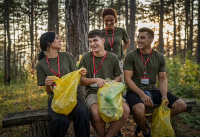 Gruppe junger Menschen beim frewilligen M&uuml;llsammeln in der natur