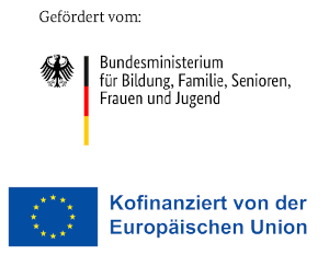 Zu sehen sind oben das Logo "Gefördert vom Bundesministerium für Bildung, Familien, Senioren, Frauen und Jugend. neben dem Bundesadler" und unten das Logo "Kofinanziert von der Europäischen Union" neben der EU-Flagge.