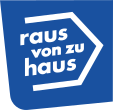 das Logo von raus von zuhaus in weißer Schrift auf blauem Hintergrund